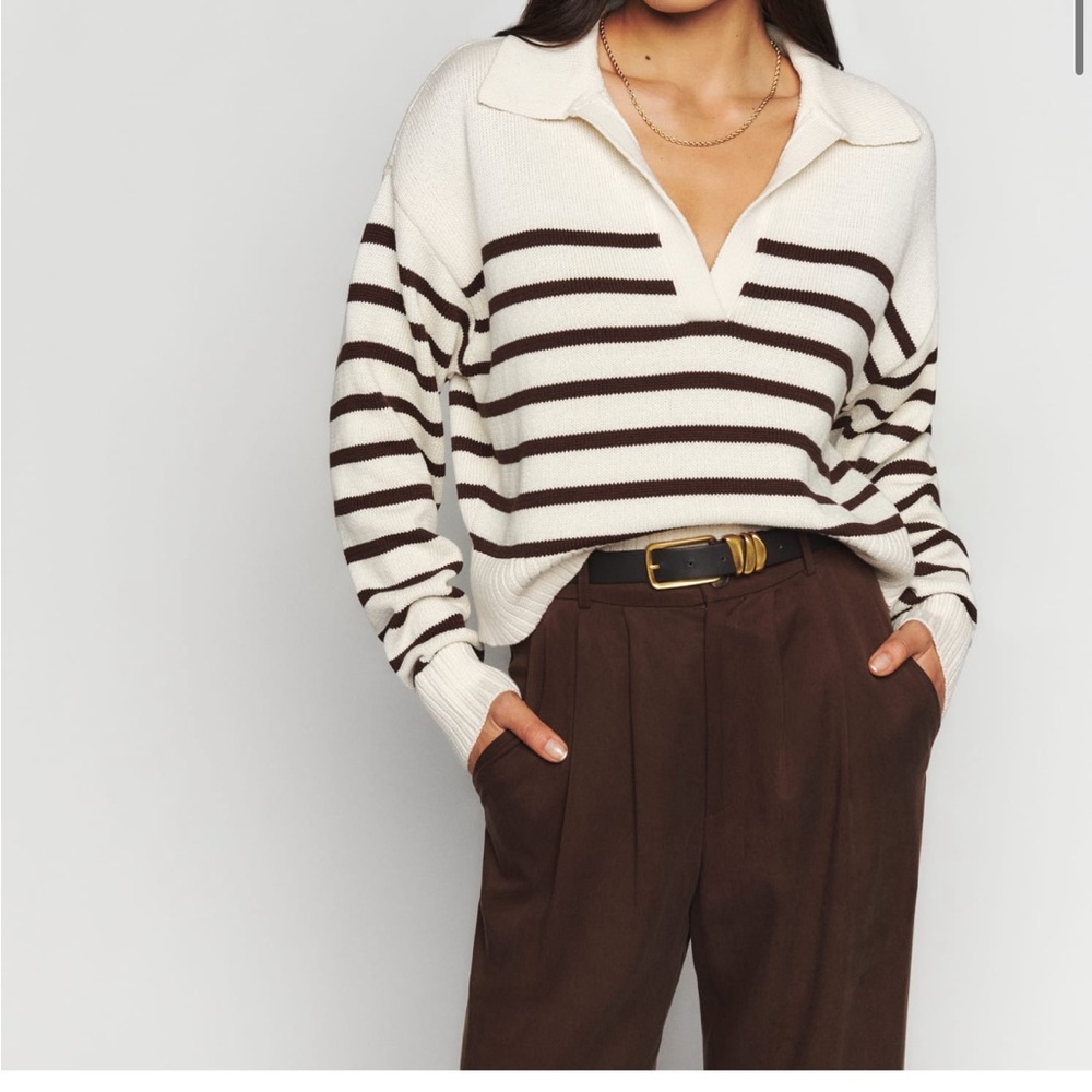 Reformation Francesco Cotton Polo Sweater in Elliot Stripe (brown/cream white)